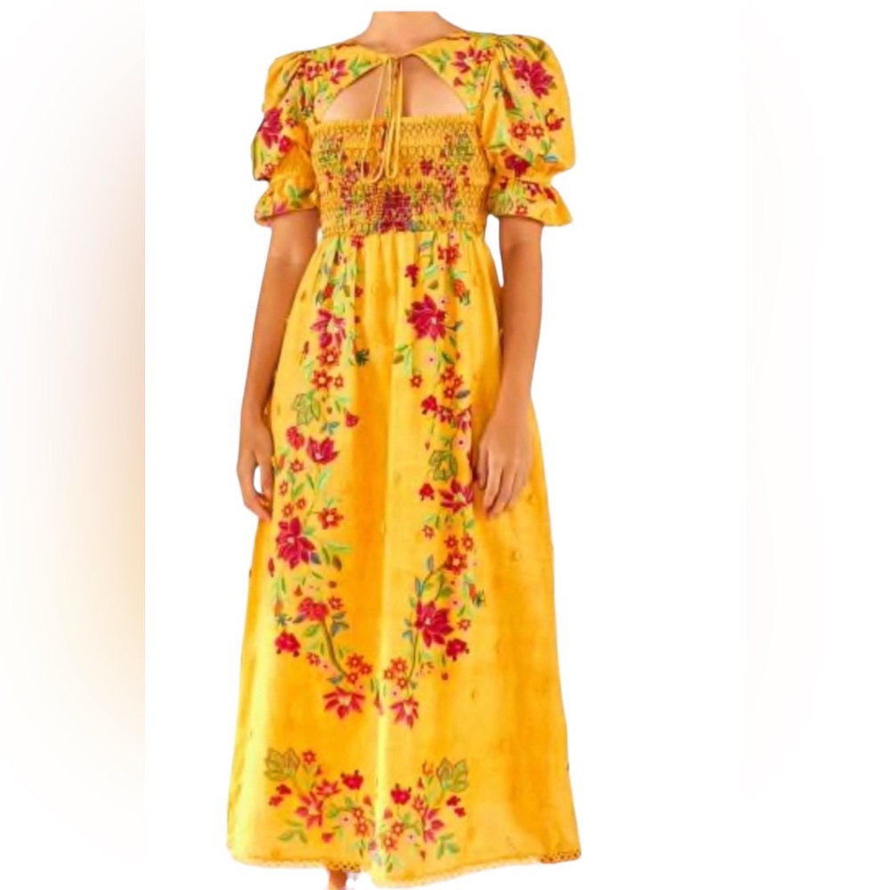 FARM Rio Maxi Dress S Puff Sleeves Smocked Floral Cut Out Beads Tie Embroidered